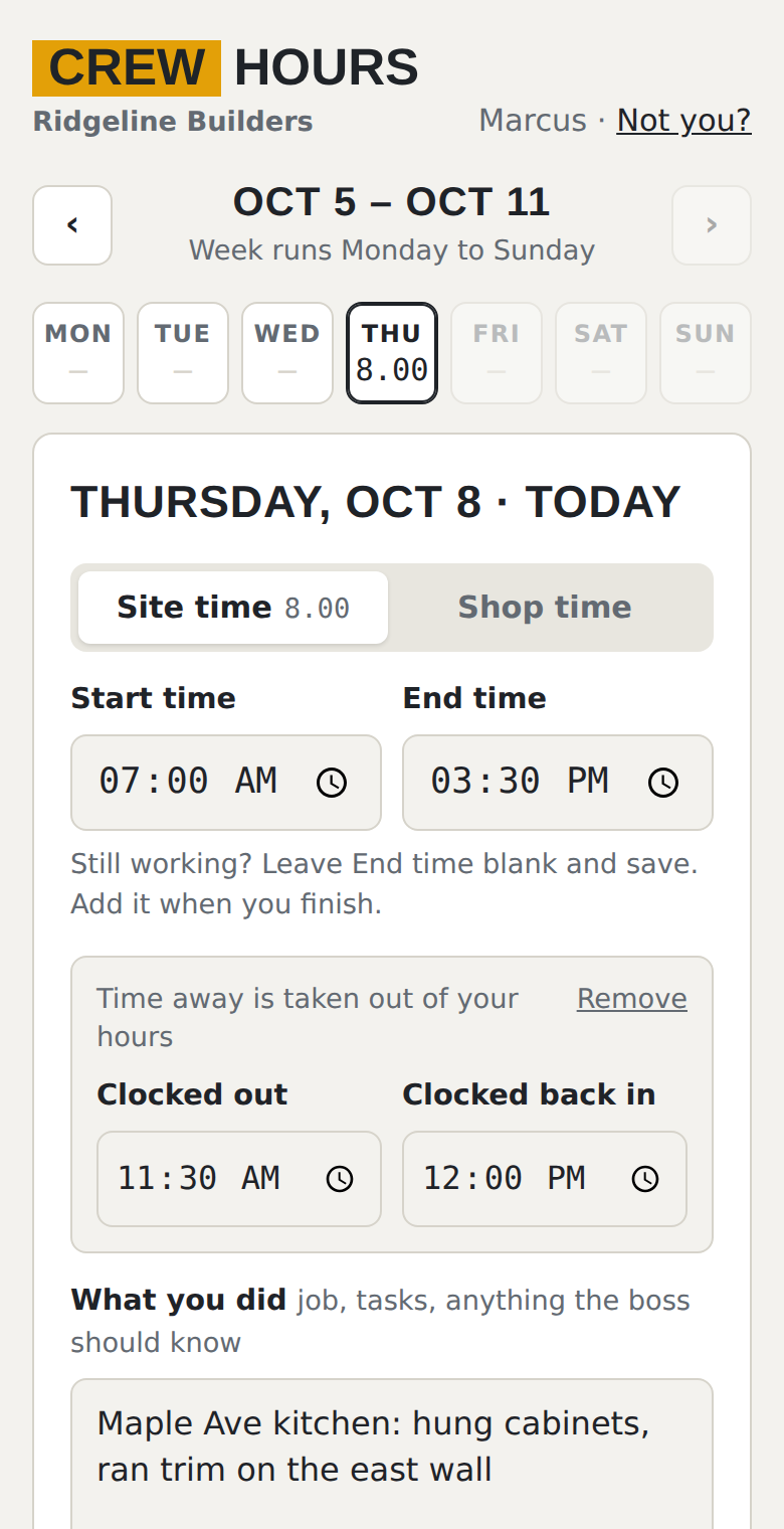 Crew Hours on a phone: a week strip from Thursday to Wednesday, start and end time, and what you did